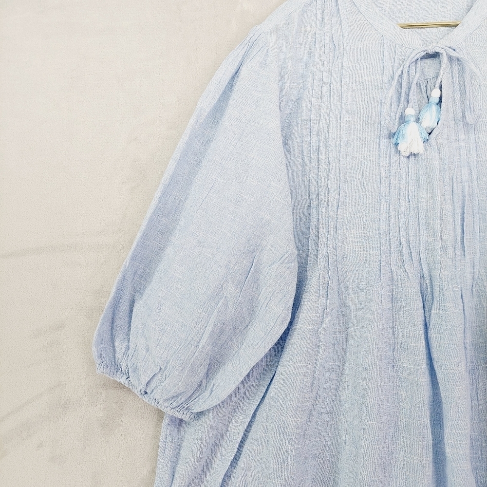 Blue Islands Blue Cotton Puff Sleeve Drawstring Blouse Top P348 - Picture 4 of 8